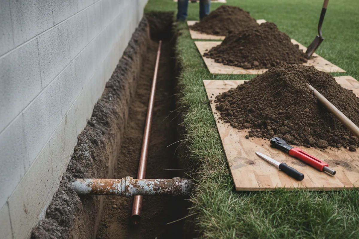 Excavated water line trench during Water Softener Installation in Indiana